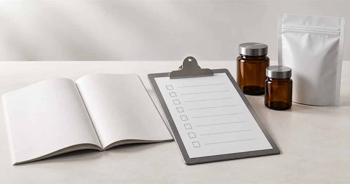 An unbranded project brief, blank checklist, amber sample jars, and plain pouch on a neutral studio table.