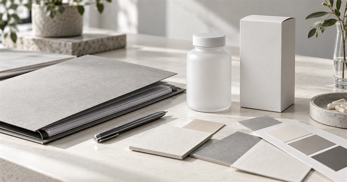 Unbranded planning folder, packaging mockups, and material swatches for an OEM or ODM project brief.