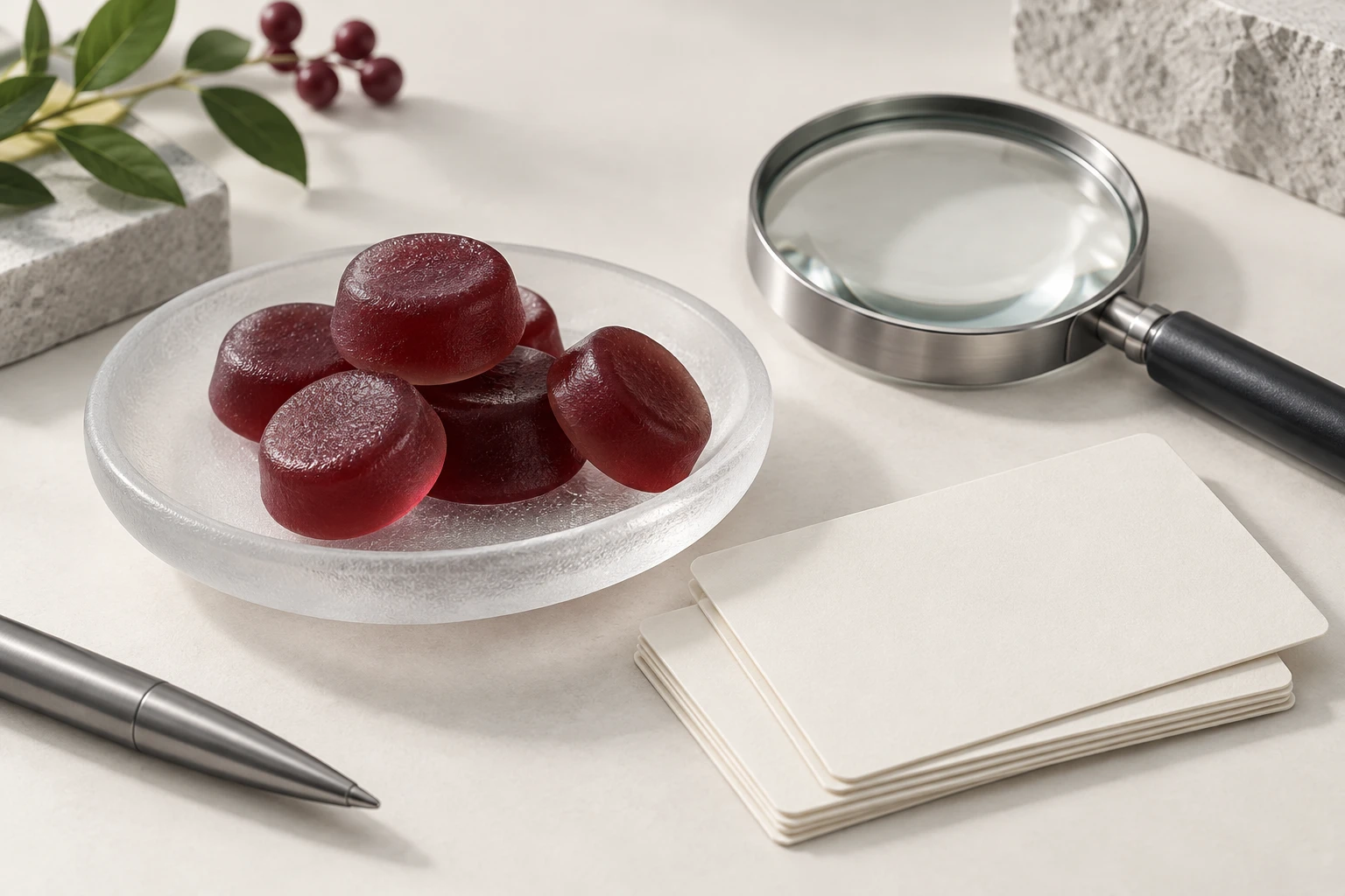 Editorial concept illustration of berry-red disc gummies, a magnifying lens and blank specification cards.