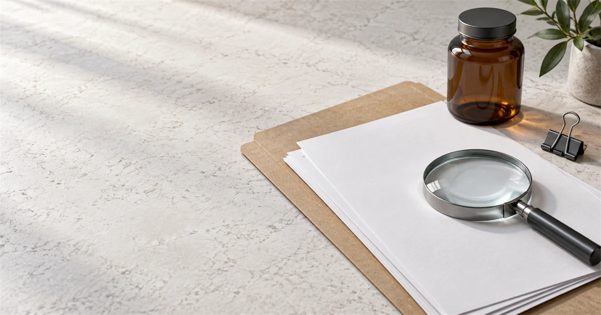 Unbranded document folder, magnifying glass, paper clip, and unlabeled amber jar on a pale stone desk.