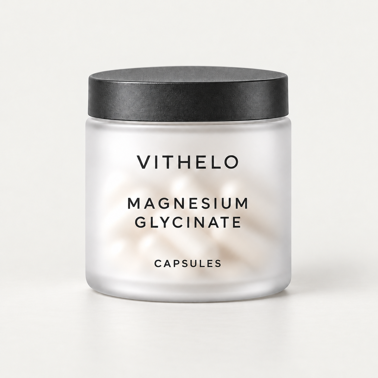 VITHELO magnesium glycinate capsule packaging concept with a dark cap